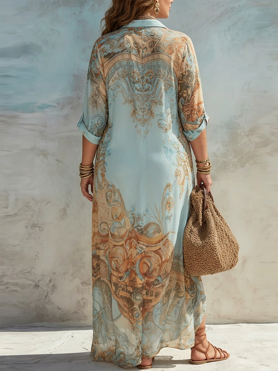 Vacation Blue Floral Print Shirt Maxi Dress - Plus size model