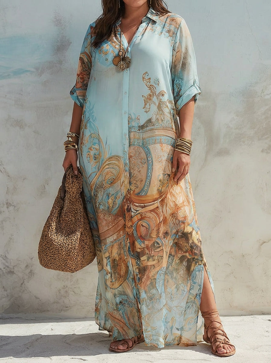 Vacation Blue Floral Print Shirt Maxi Dress - Plus size model
