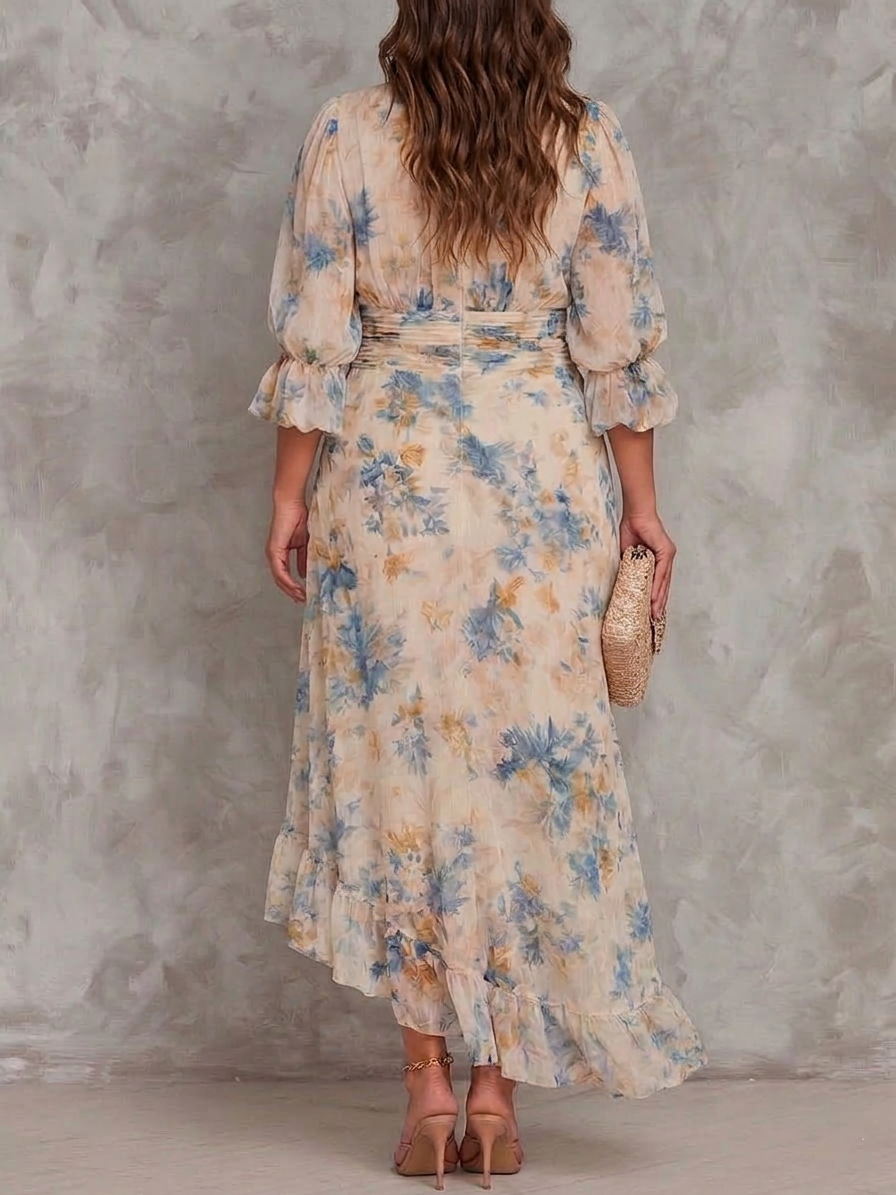 Beige Turtleneck Oil Painting Floral Print Irregular Chiffon Maxi Dress - Plus size model