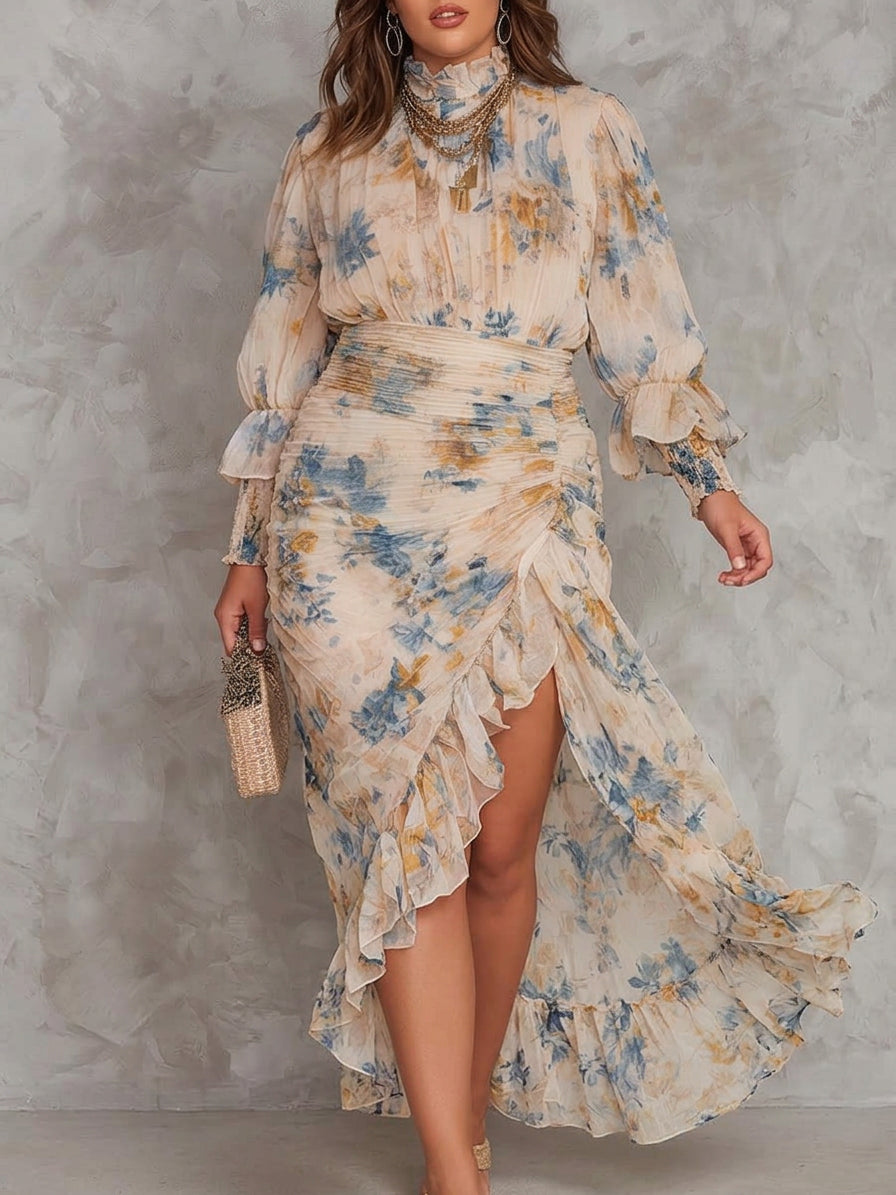 Beige Turtleneck Oil Painting Floral Print Irregular Chiffon Maxi Dress - Plus size model