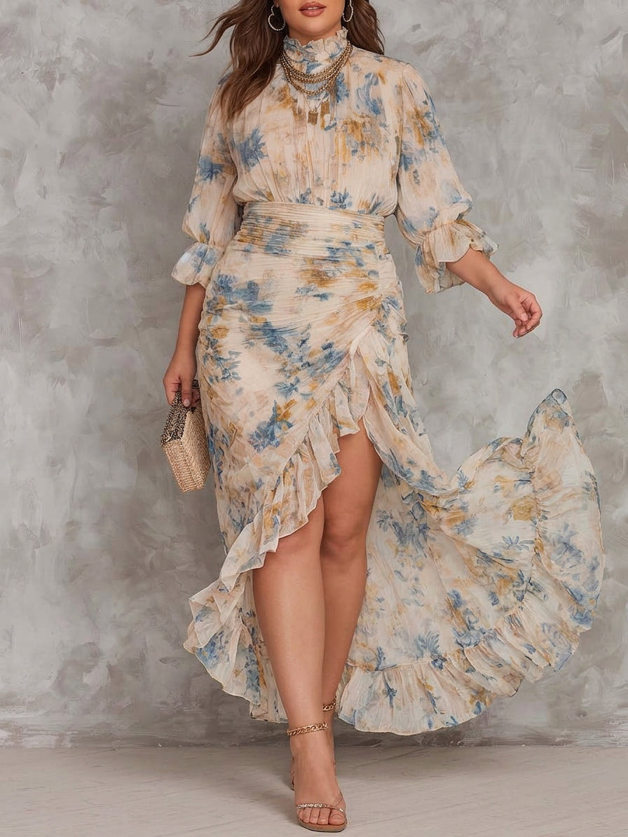 Beige Turtleneck Oil Painting Floral Print Irregular Chiffon Maxi Dress - Plus size model