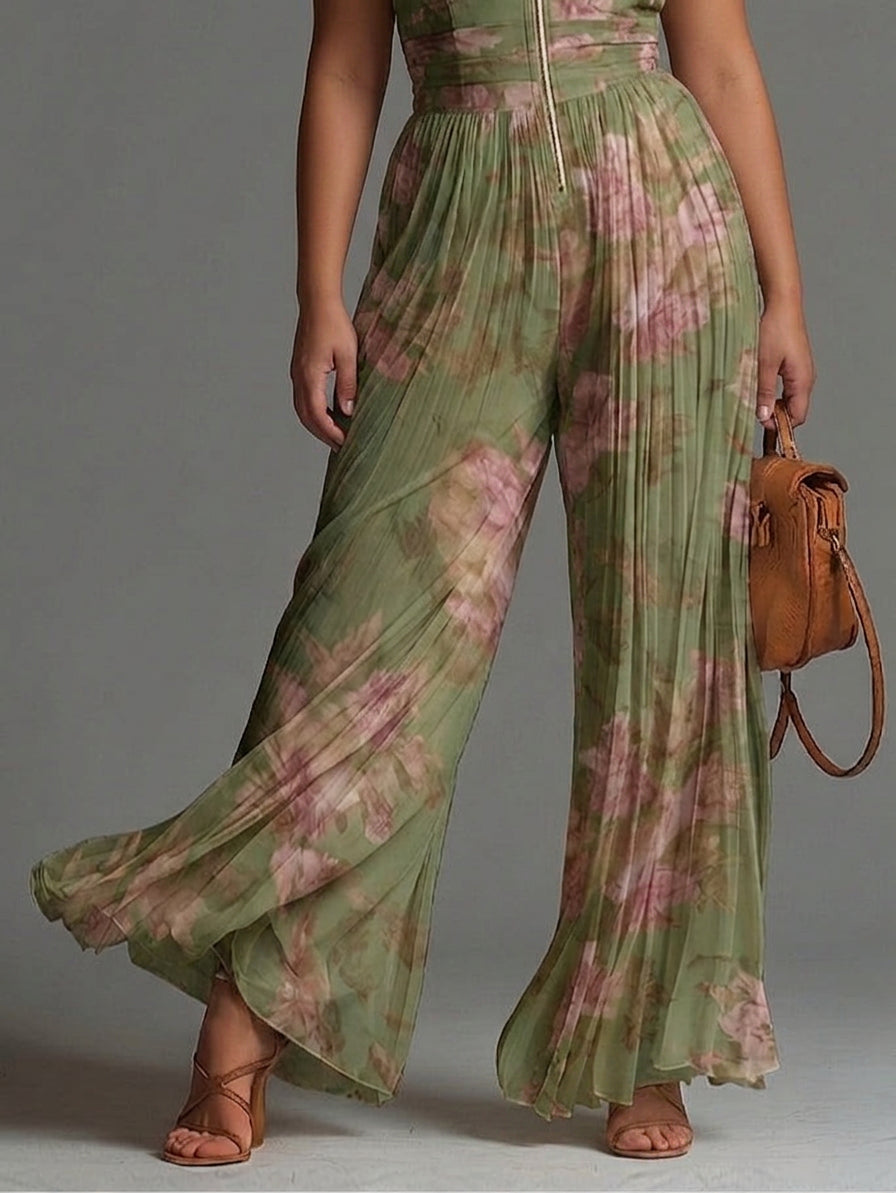 Green Floral V-neck Sleeveless Zip-up Pleated Wide-leg Chiffon Jumpsuit - Plus size model