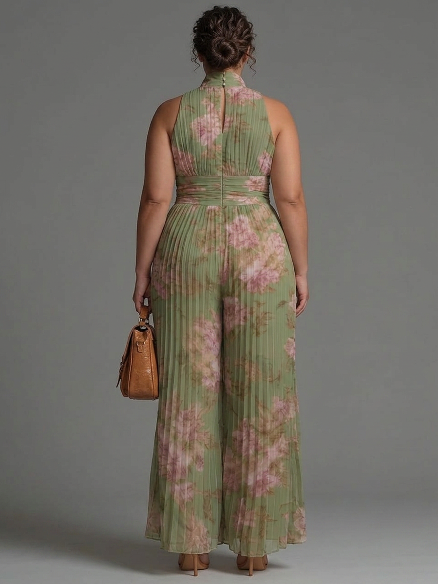 Green Floral V-neck Sleeveless Zip-up Pleated Wide-leg Chiffon Jumpsuit - Plus size model