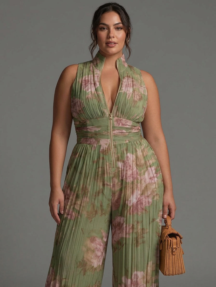 Green Floral V-neck Sleeveless Zip-up Pleated Wide-leg Chiffon Jumpsuit - Plus size model