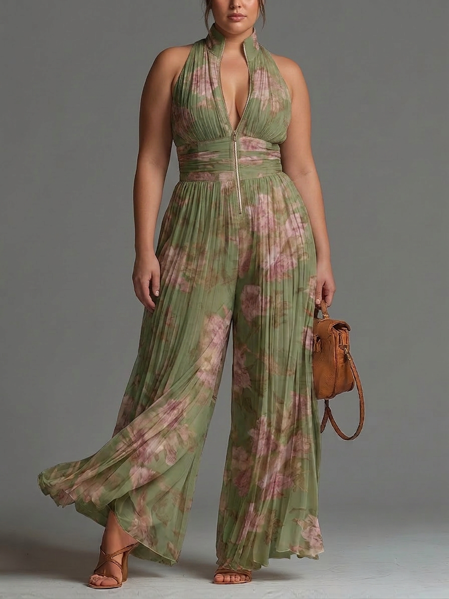Green Floral V-neck Sleeveless Zip-up Pleated Wide-leg Chiffon Jumpsuit - Plus size model