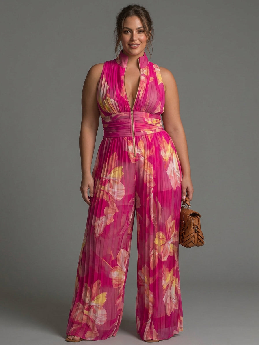 Fuchsia Floral Print Sleeveless Zippered Pleated Wide-leg Chiffon Jumpsuit - Plus size model