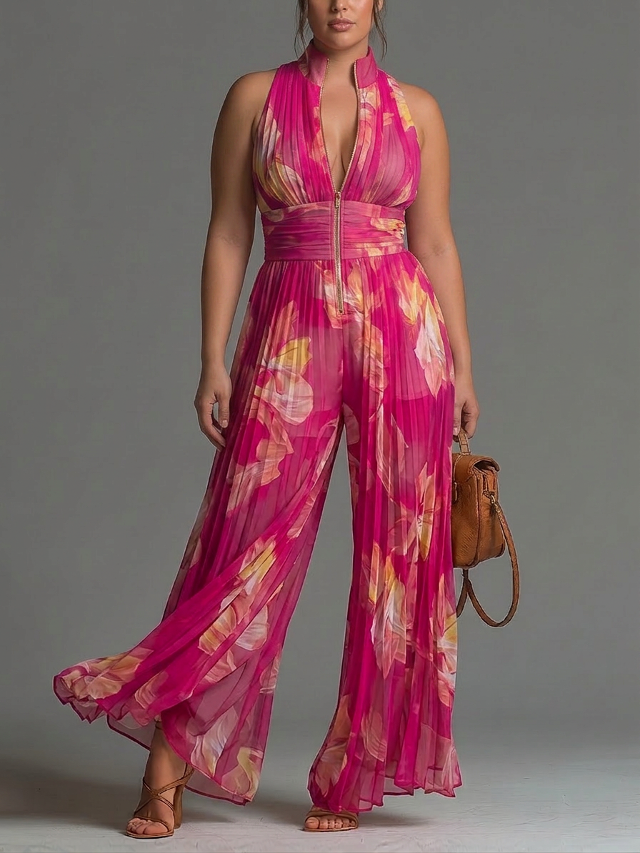 Fuchsia Floral Print Sleeveless Zippered Pleated Wide-leg Chiffon Jumpsuit - Plus size model