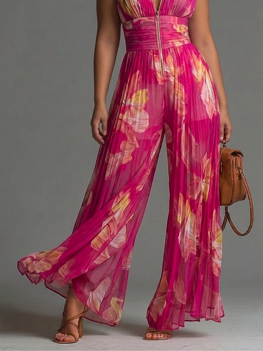 Fuchsia Floral Print Sleeveless Zippered Pleated Wide-leg Chiffon Jumpsuit - Plus size model