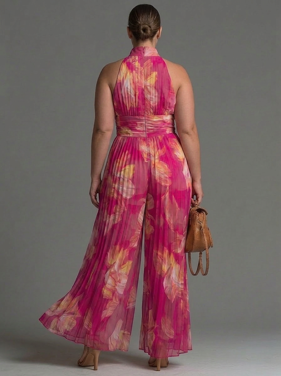 Fuchsia Floral Print Sleeveless Zippered Pleated Wide-leg Chiffon Jumpsuit - Plus size model