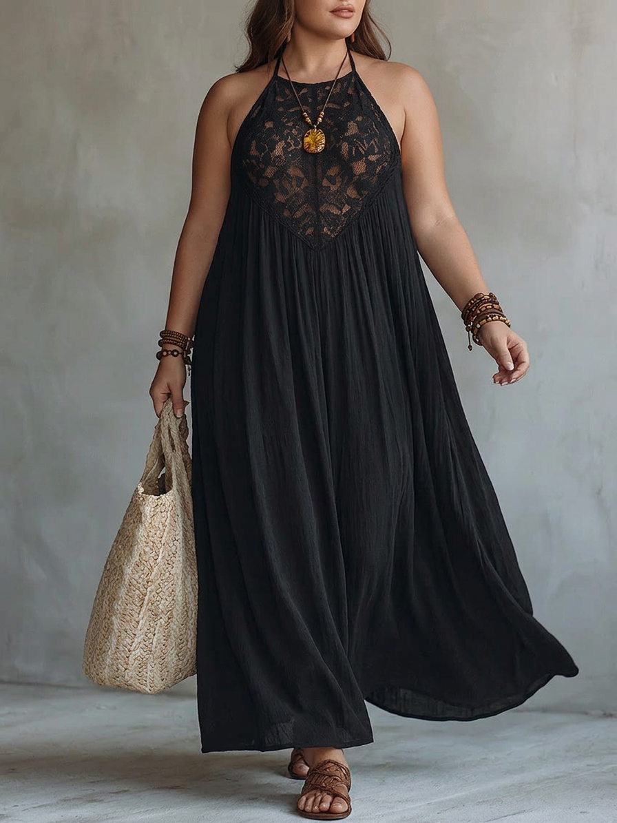 Bohemian Black Sleeveless Lace-Trimmed Maxi Dress - Plus size model