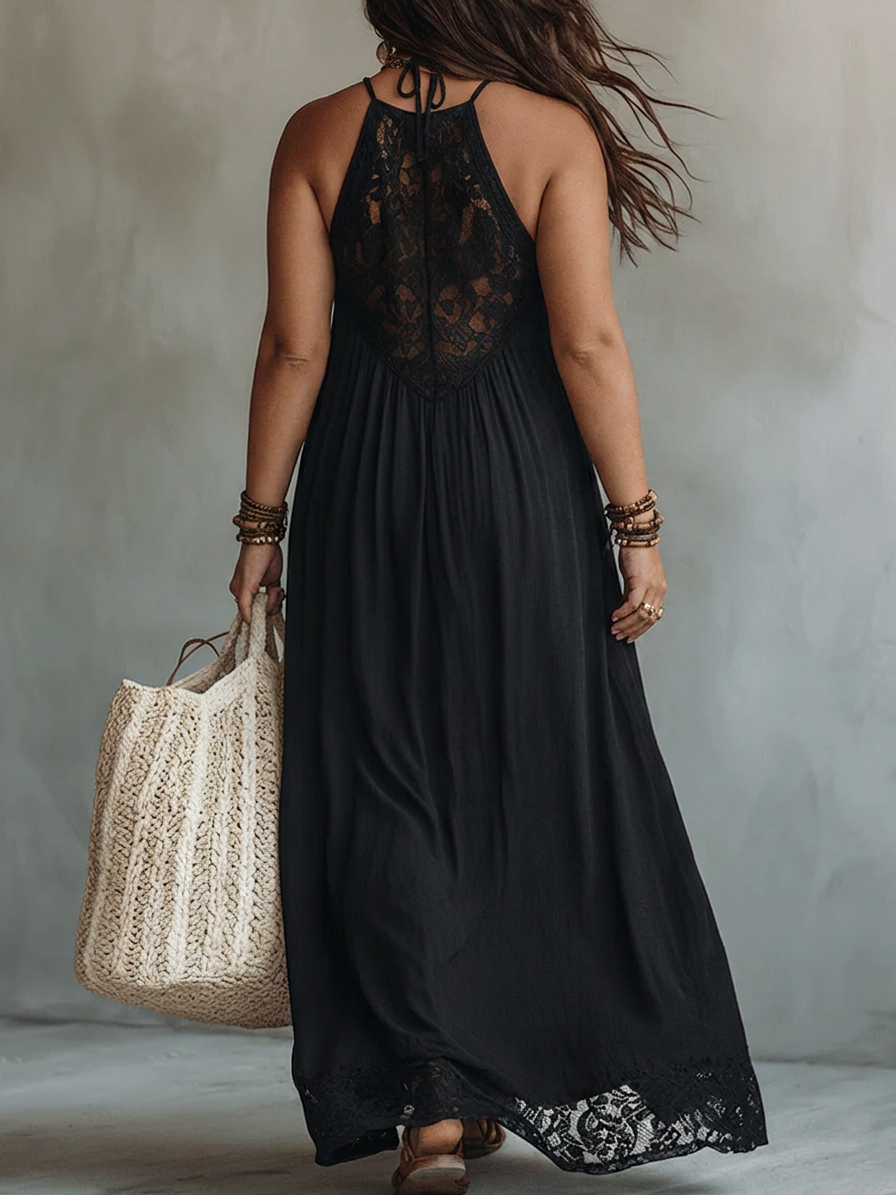 Bohemian Black Sleeveless Lace-Trimmed Maxi Dress - Plus size model
