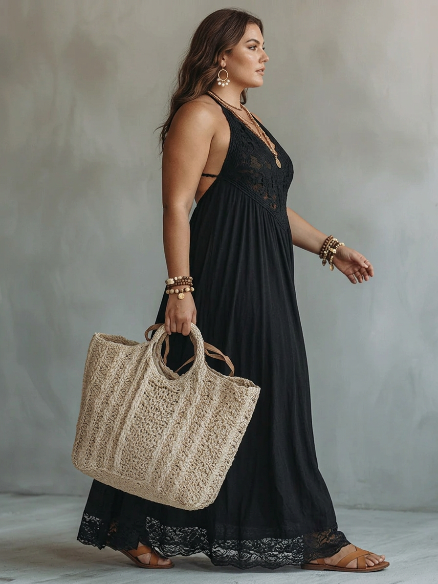 Bohemian Black Sleeveless Lace-Trimmed Maxi Dress - Plus size model