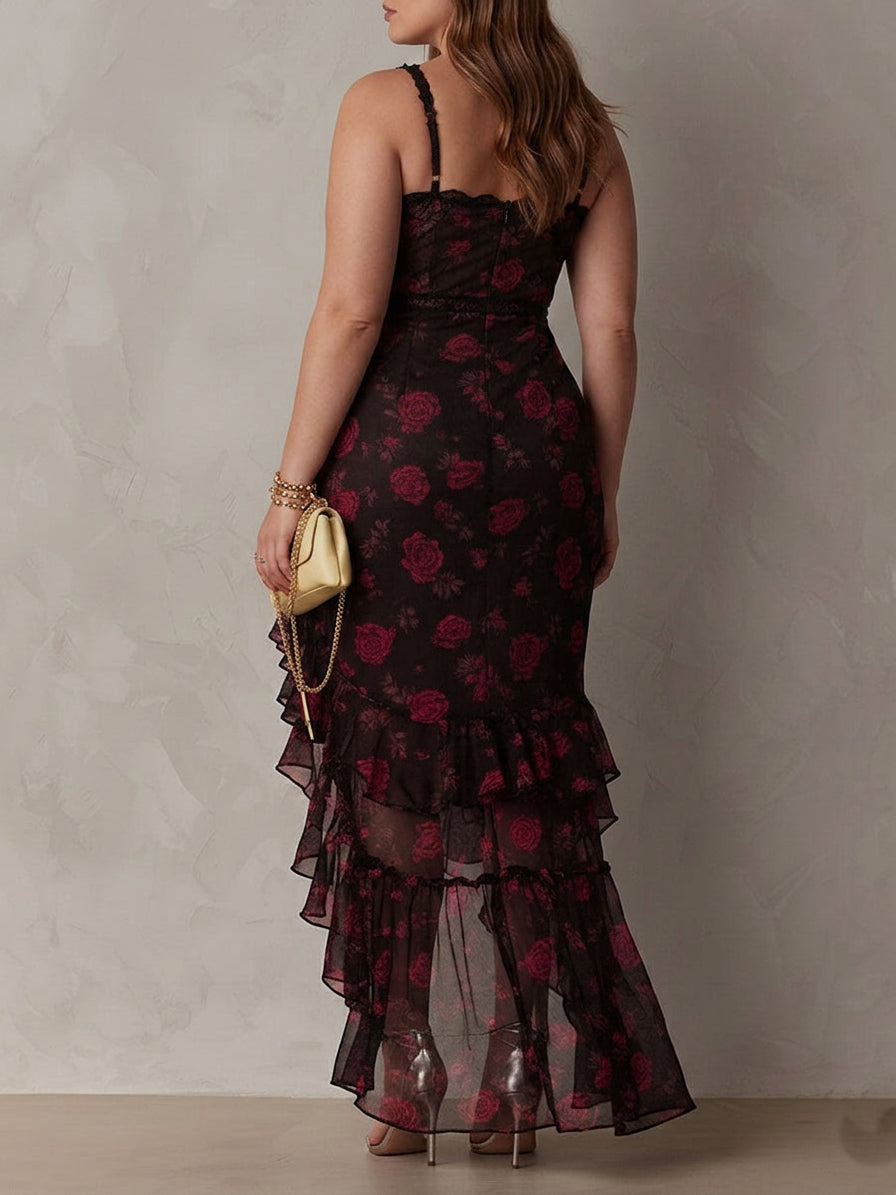 Chic Black And Red Floral Ruched Ruffle Hem Dress - Plus size model