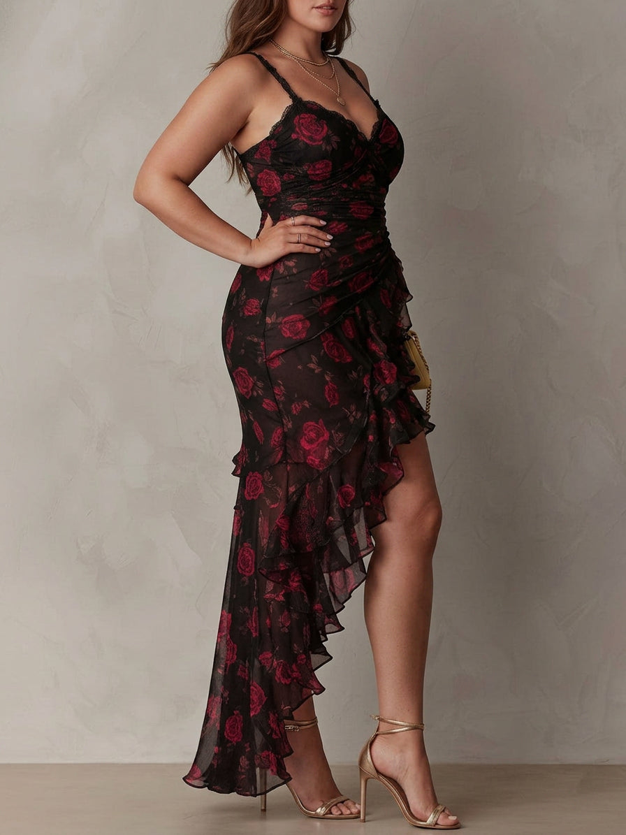 Chic Black And Red Floral Ruched Ruffle Hem Dress - Plus size model