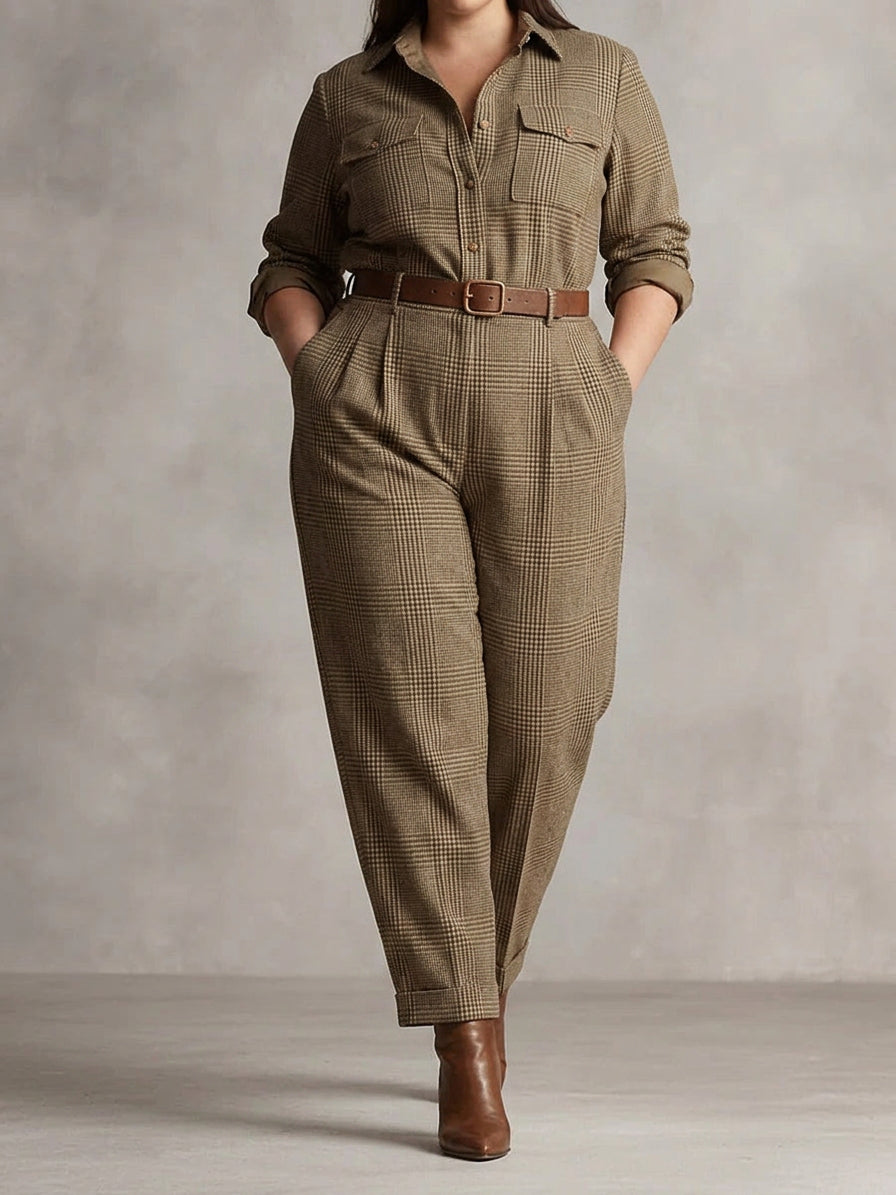 Heather - Brown Sophisticated Plaid Jumpsuit - Plus size model