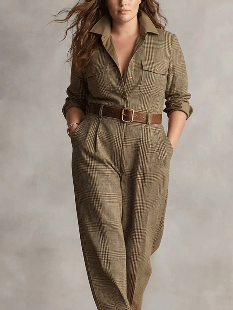 Heather - Brown Sophisticated Plaid Jumpsuit - Plus size model