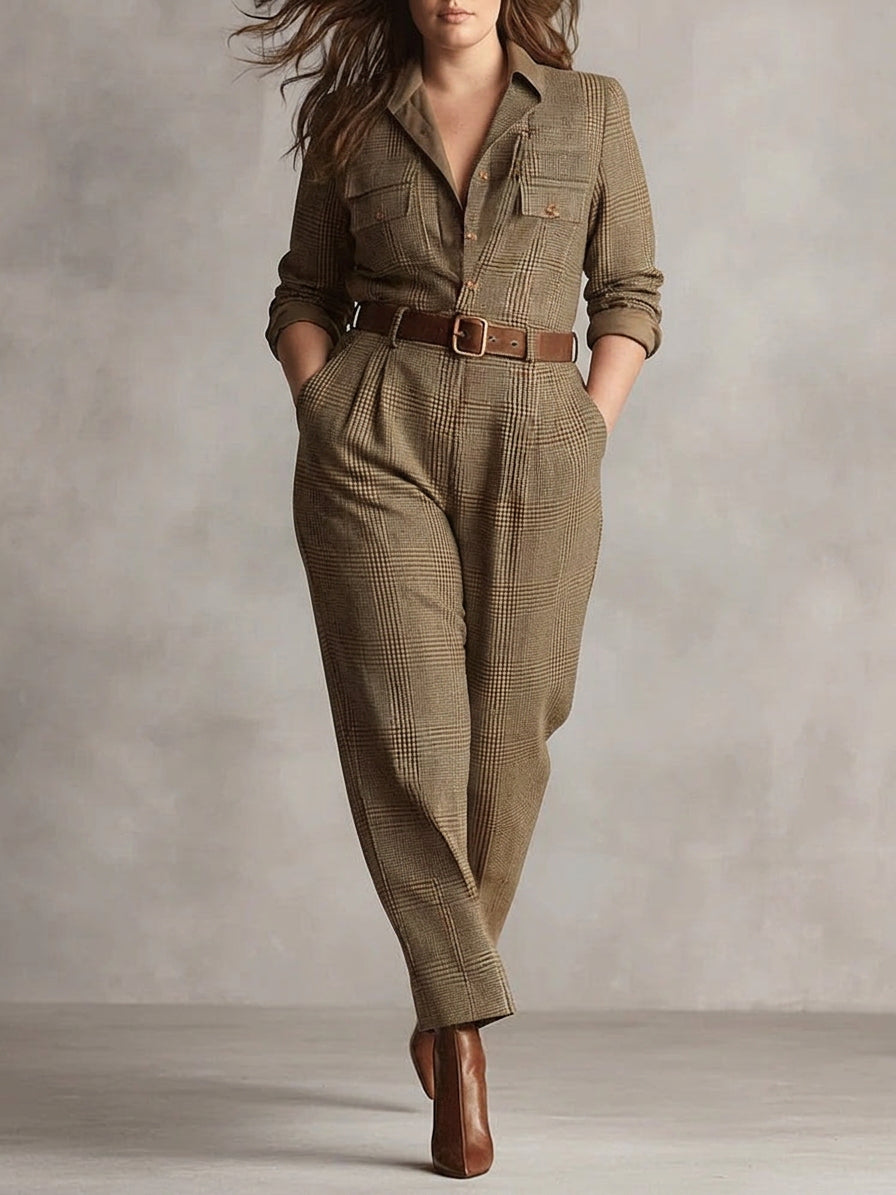 Heather - Brown Sophisticated Plaid Jumpsuit - Plus size model