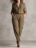Heather - Brown Sophisticated Plaid Jumpsuit - Plus size model