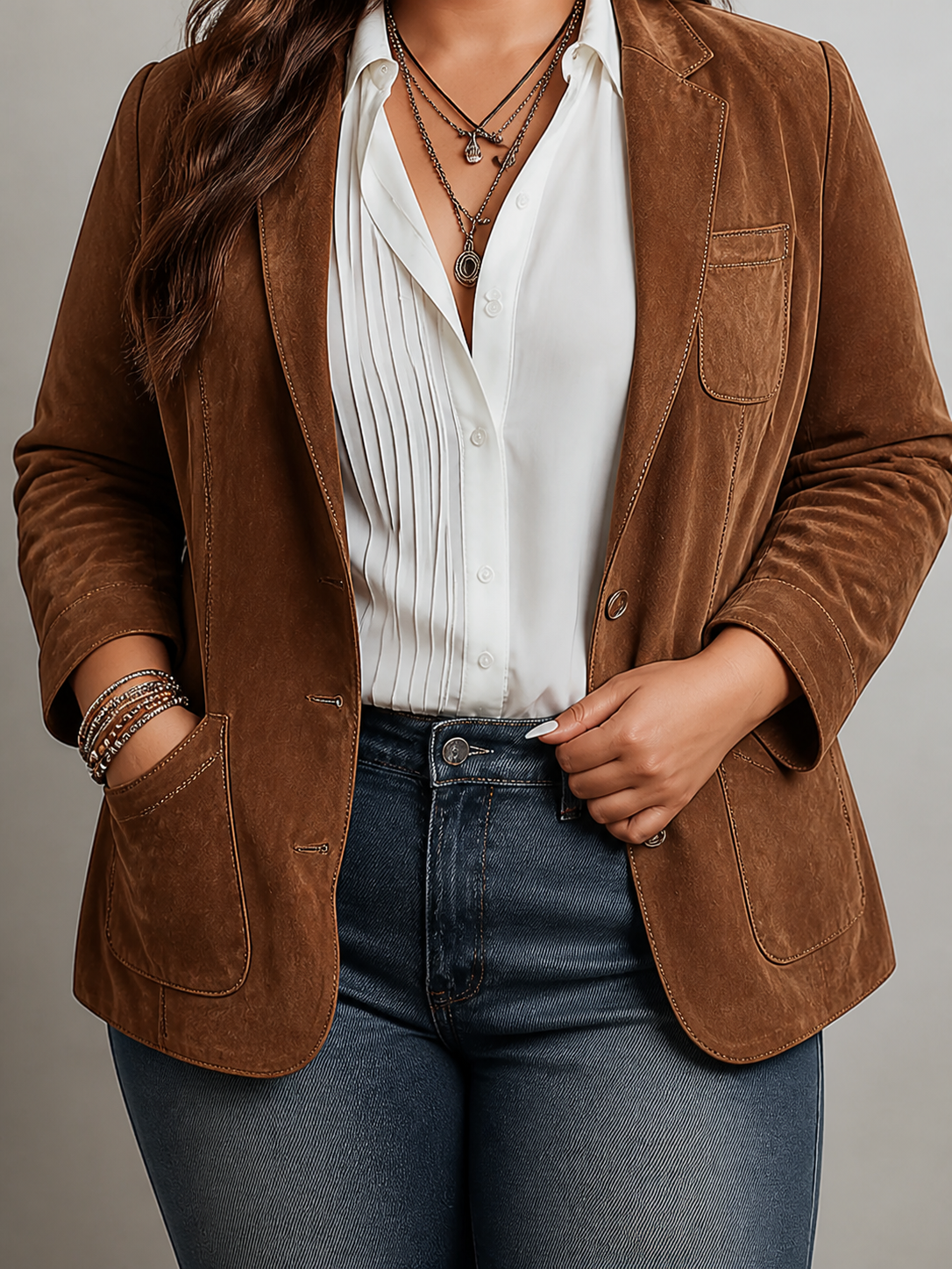 Women’s Vintage Brown Blazer - Plus size model