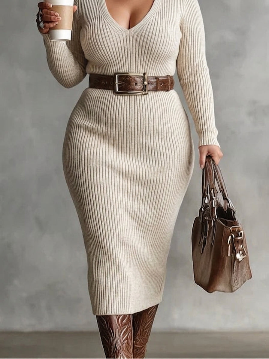 Gabriela | Midi Knit Dress with Belt and Mock Turtleneck - Plus size model