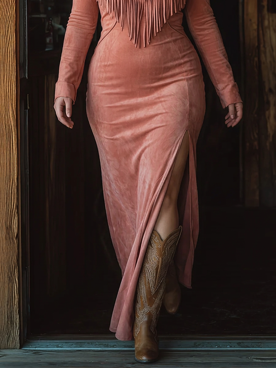 Vintage Western Tassel Embroidered Pink Faux Suede Maxi Dress - Plus size model