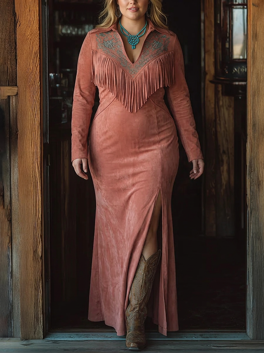 Vintage Western Tassel Embroidered Pink Faux Suede Maxi Dress - Plus size model