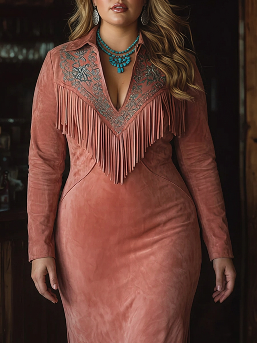 Vintage Western Tassel Embroidered Pink Faux Suede Maxi Dress - Plus size model