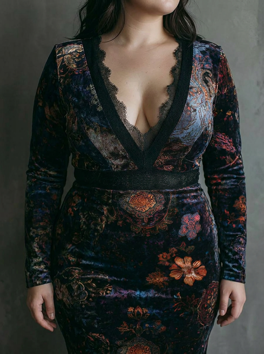 Rosalie – Velvet Floral Mini Dress - Plus size model