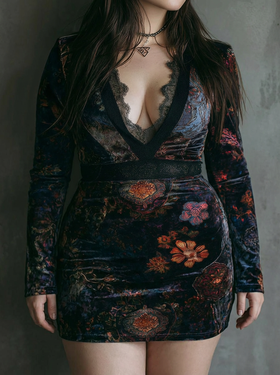 Floral Print V-Neck Velvet Lace Trim Slim-Fit Mini Dress - Plus size model