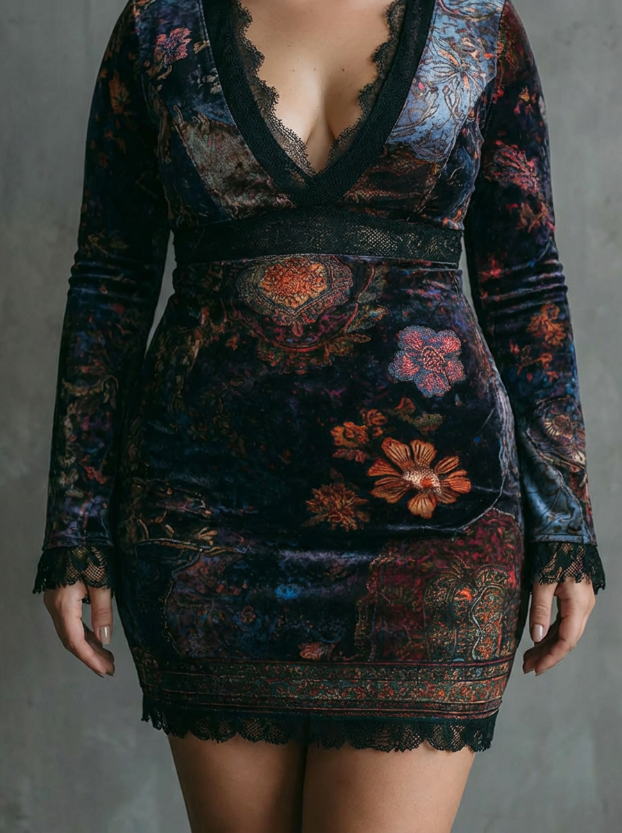 Floral Print V-Neck Velvet Lace Trim Slim-Fit Mini Dress - Plus size model
