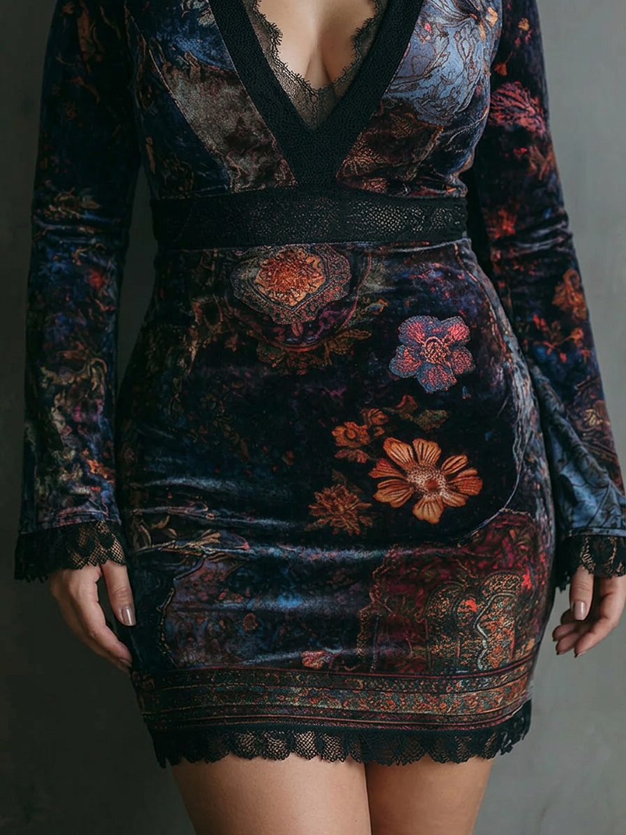 Rosalie – Velvet Floral Mini Dress - Plus size model