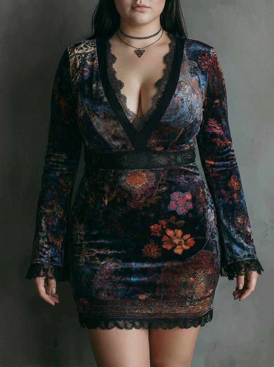 Floral Print V-Neck Velvet Lace Trim Slim-Fit Mini Dress - Plus size model