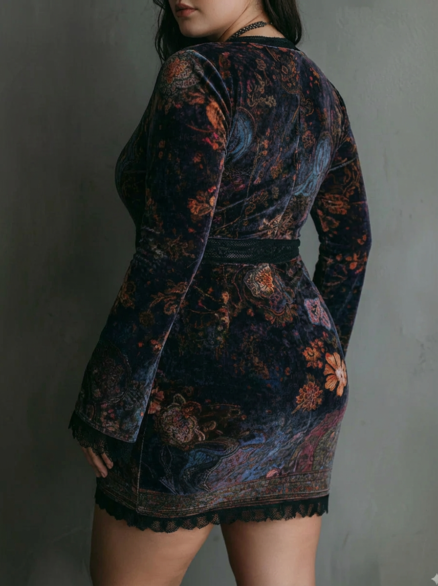 Floral Print V-Neck Velvet Lace Trim Slim-Fit Mini Dress - Plus size model