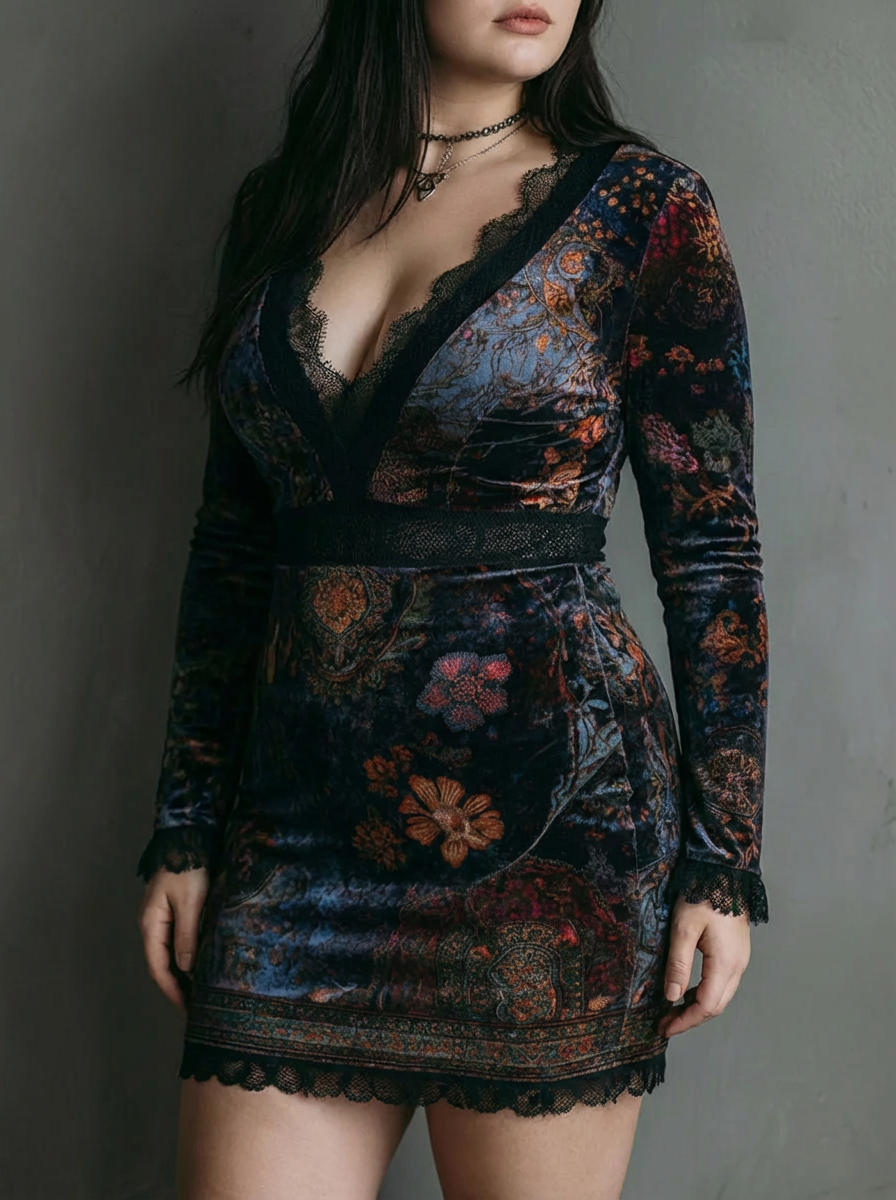 Floral Print V-Neck Velvet Lace Trim Slim-Fit Mini Dress - Plus size model