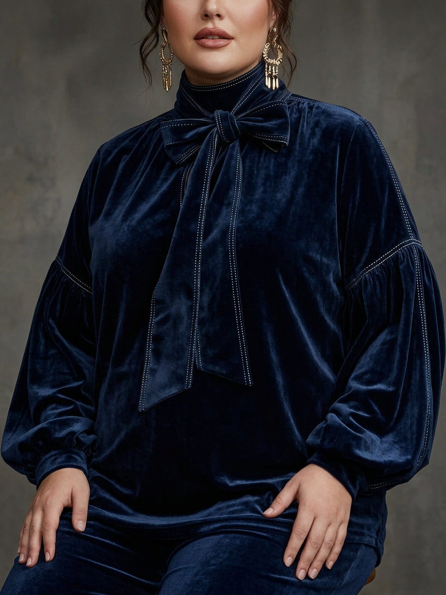 Tannia – Velvet Mini Dress with Bow - Plus size model