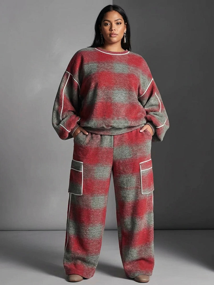 Red and Gray Checked Color-Blocked Sweatshirt and Casual Pants Two-Piece Set - Plus size model