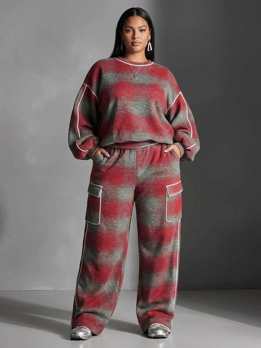 Red and Gray Checked Color-Blocked Sweatshirt and Casual Pants Two-Piece Set - Plus size model