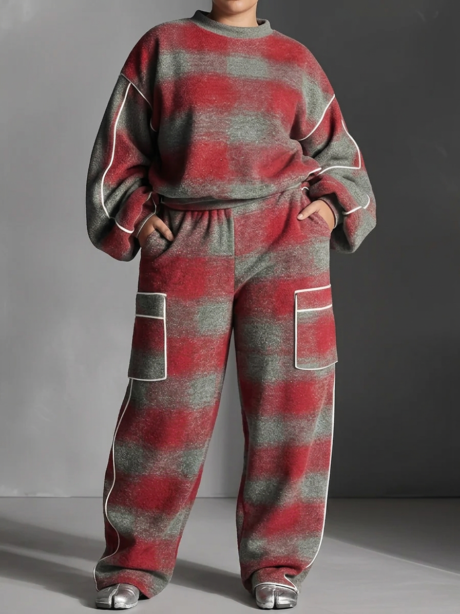 Red and Gray Checked Color-Blocked Sweatshirt and Casual Pants Two-Piece Set - Plus size model