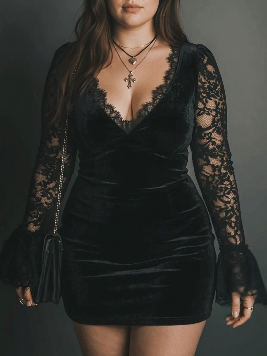 Vanie – Velvet and Lace Mini Dress - Plus size model