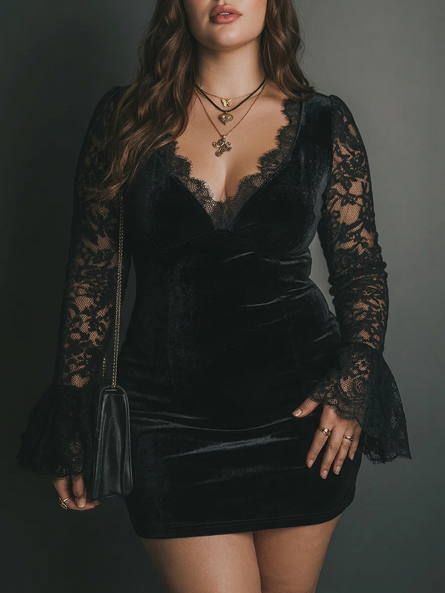 Vanie – Velvet and Lace Mini Dress - Plus size model