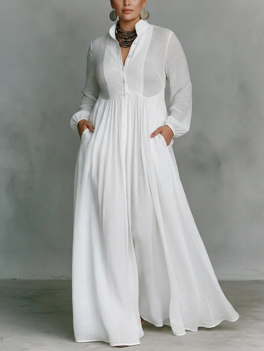 Léonie™ | Maxi minimalist dress with high collar - Plus size model