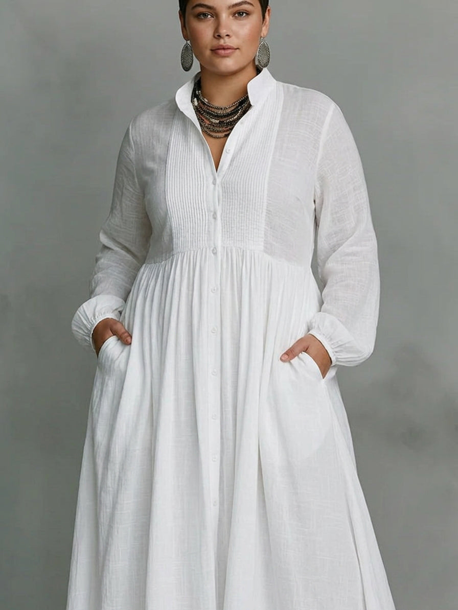 Léonie™ | Maxi minimalist dress with high collar - Plus size model