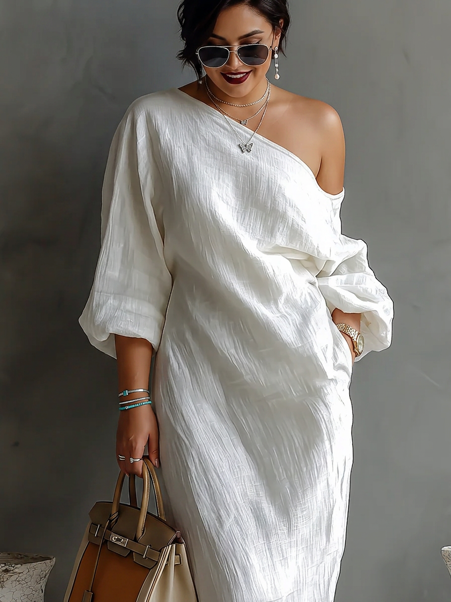 Elise™ | Elegant one-shoulder maxi dress in white - Plus size model