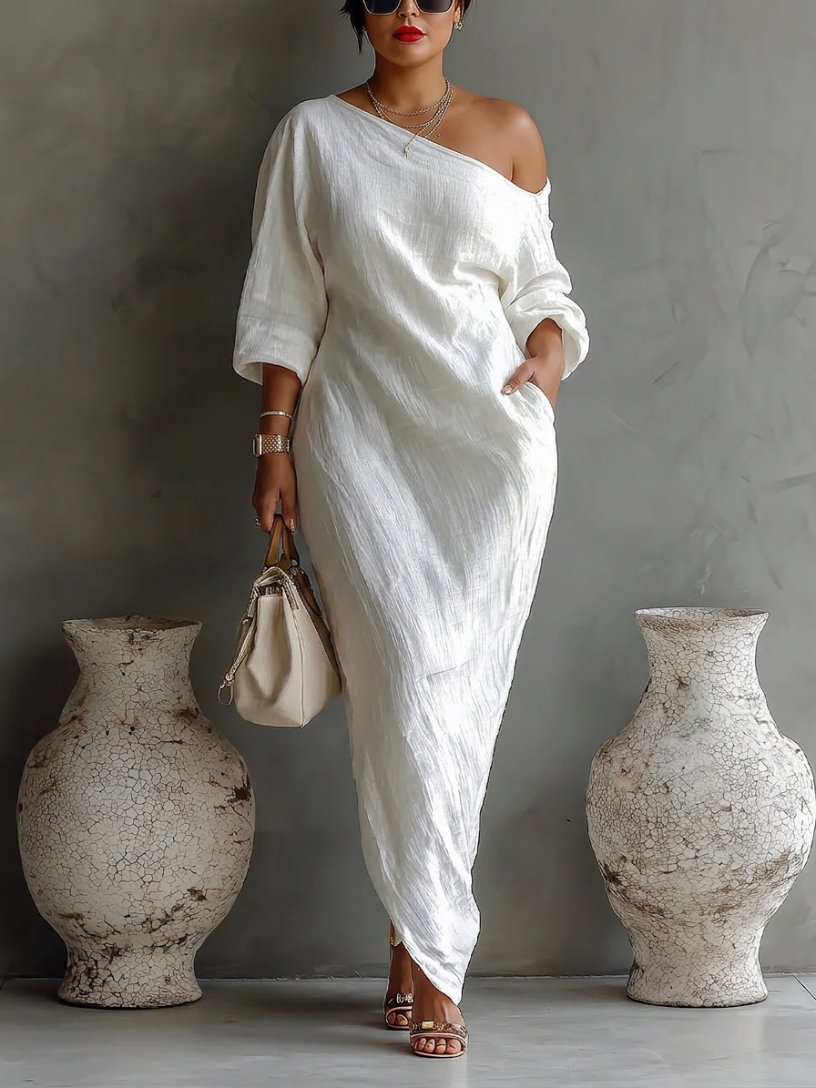 Elise™ | Elegant one-shoulder maxi dress in white - Plus size model
