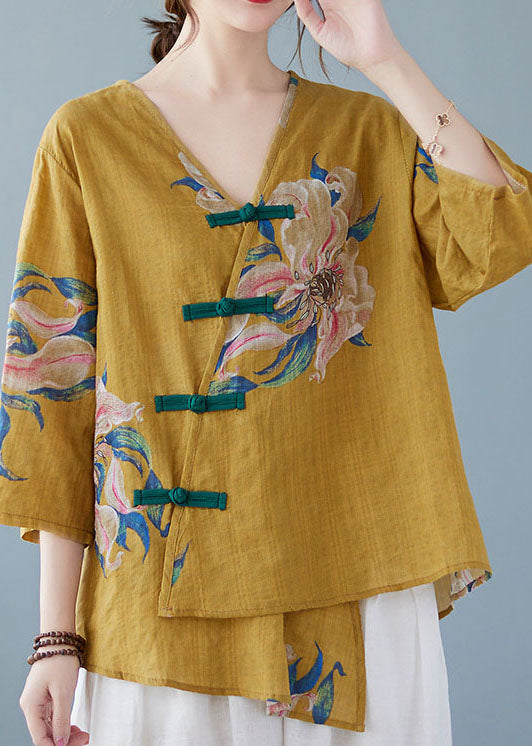Amelia - Yellow Button Shirt Tops Asymmetrical Half Sleeve
