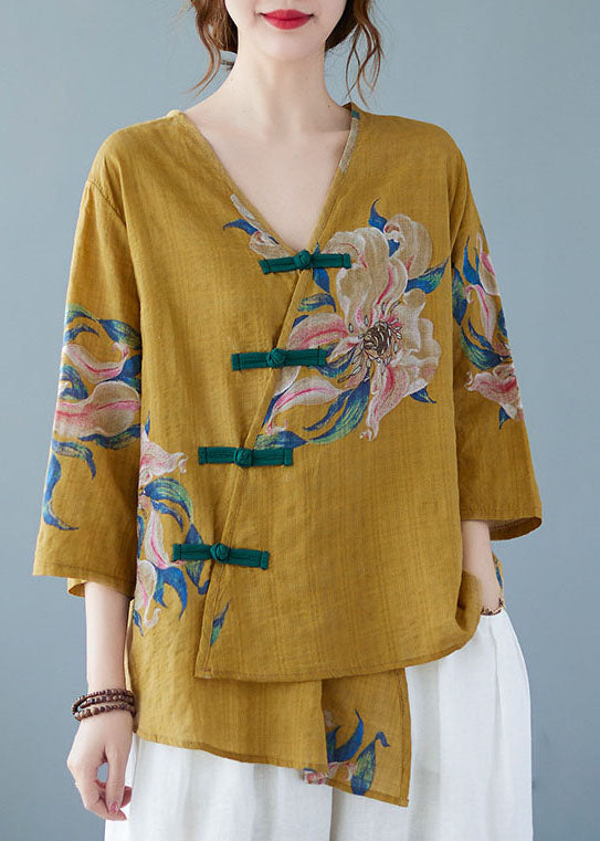 Amelia - Yellow Button Shirt Tops Asymmetrical Half Sleeve
