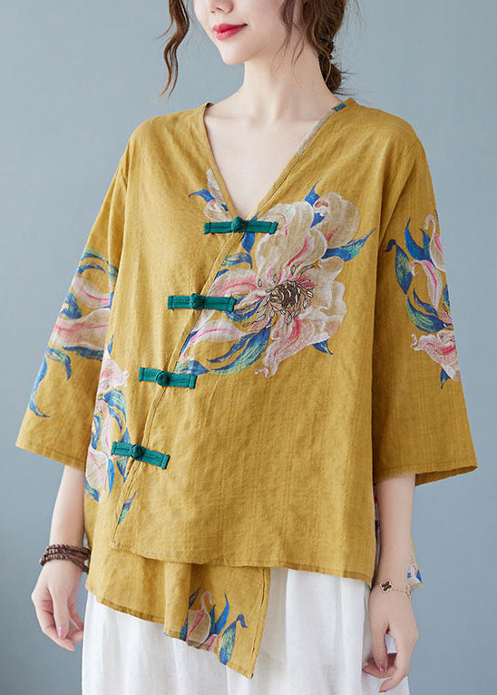 Amelia - Yellow Button Shirt Tops Asymmetrical Half Sleeve