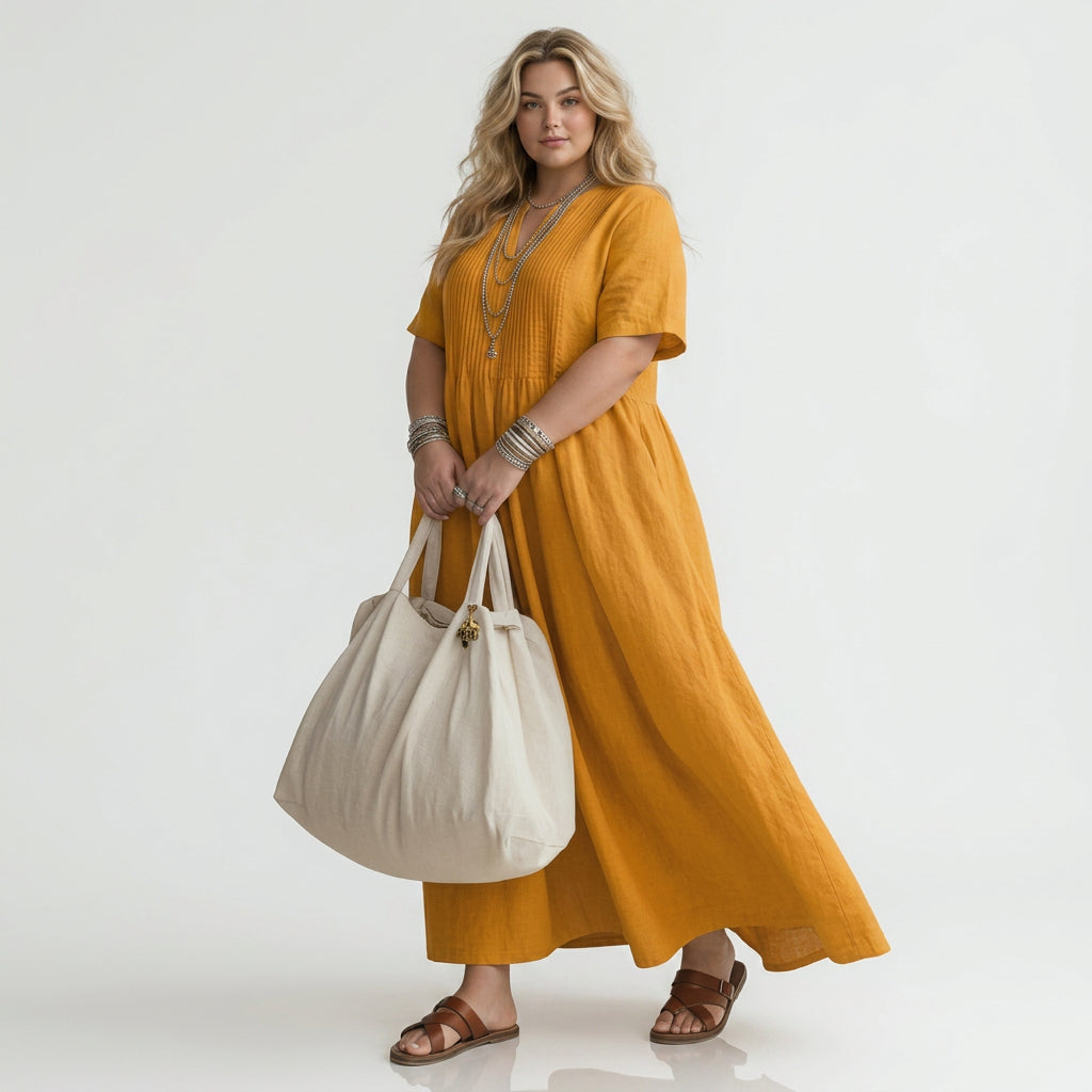 Pélagie — Long Cotton Dress with V-Neck for Summer Freedom - Plus size model