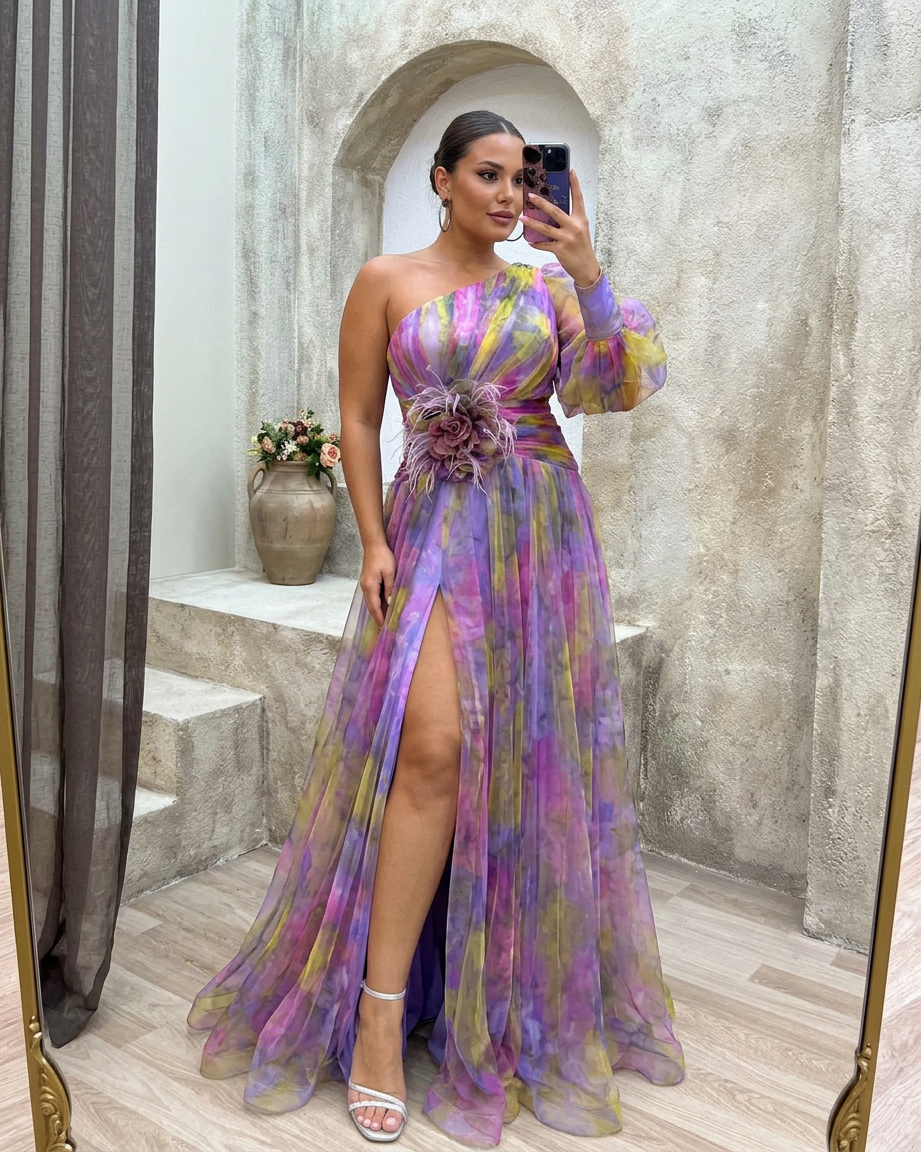 Cecelia - Dress with one sleeve - Plus size model