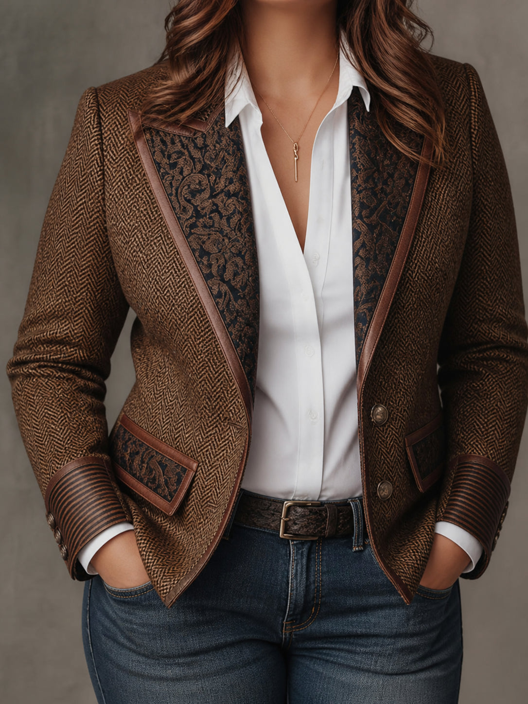 Women's Herringbone Printed Panel Blazer - Plus size model